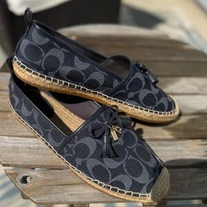 Coach Denim Signature Canvas Espadrille Slip-Ons with Tassel Charm